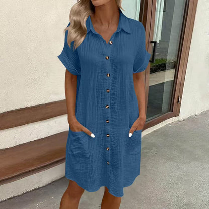 Women's Casual Loose Short-Sleeve Midi Shirt Dress – Button-Down FitiqueFit