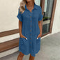 Women's Casual Loose Short-Sleeve Midi Shirt Dress – Button-Down FitiqueFit