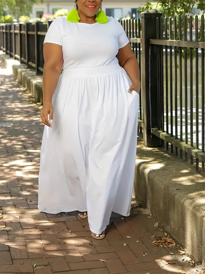 Plus Size Solid Short Sleeve Maxi Dress, Women's Plus Medium Stretch Elegant Long Dress NovaCart