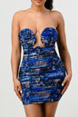 DEEP OCEAN PRINT MINI BODYCON DRESS See size chart under “more details” The Fashion Celestial