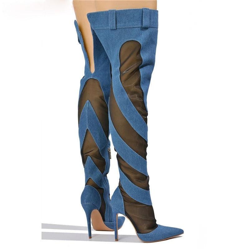 Patchwork Thigh High Knee Boots - Brazen Blue & Jet Black | Ultra High Heels Country in My Heart