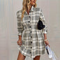 Elegant Plaid Shirt Dress — Ruched Waist A-Line Mini with Long Sleeves FitiqueFit