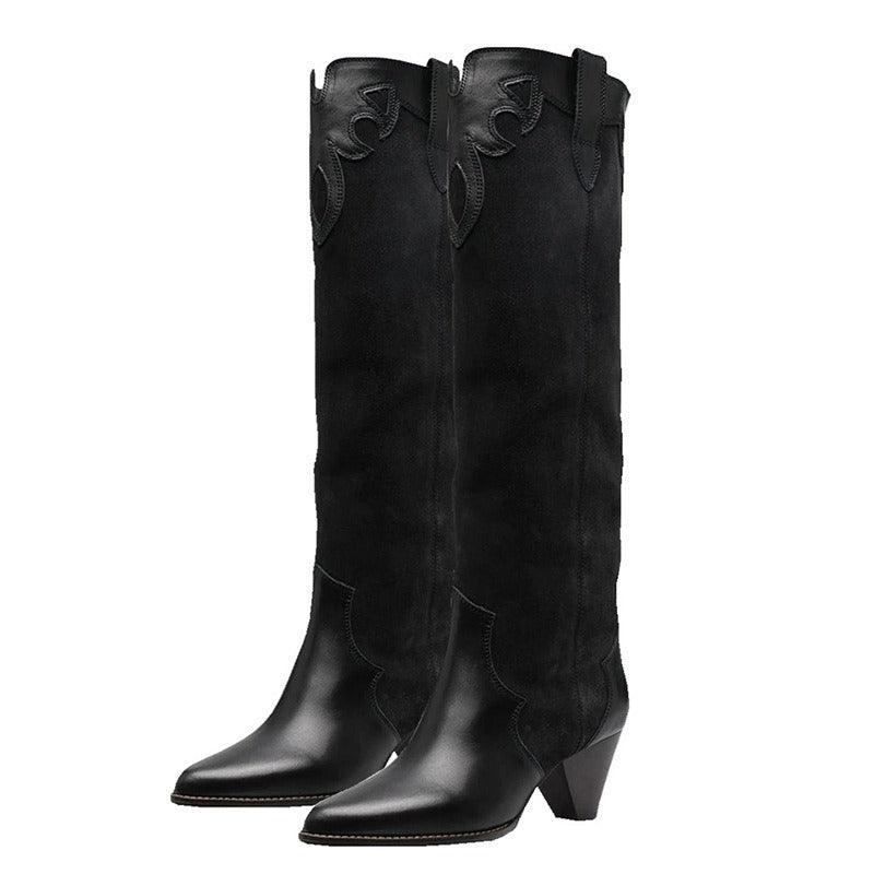 Retro Country Knee High Cowgirl Boots | Luxury Suede Embroidered Cowgirl Boots with High Heel Country in My Heart