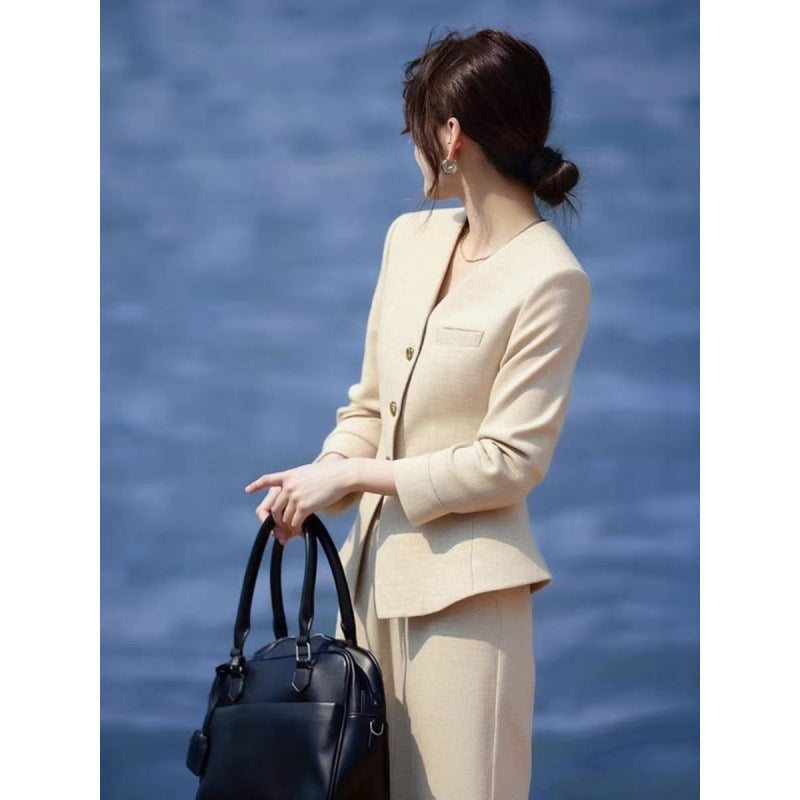 Waist-Grabbing Beige Coat and Wide Leg Pants Set FitiqueFit