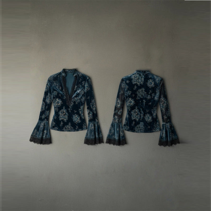 Women’s Retro Lace Panel V-Neck Blouse – Elegant Print Bell Sleeve Top for Spring & Autumn Wear FitiqueFit