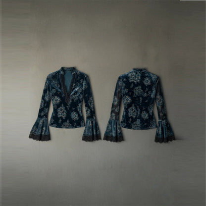 Women’s Retro Lace Panel V-Neck Blouse – Elegant Print Bell Sleeve Top for Spring & Autumn Wear FitiqueFit