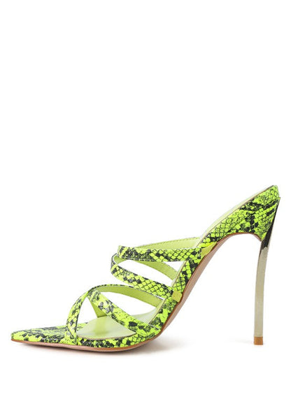 NIGHTCLUB HIGH HEELED NEON ANIMAL SANDALS See size chart under “more details” The Fashion Celestial