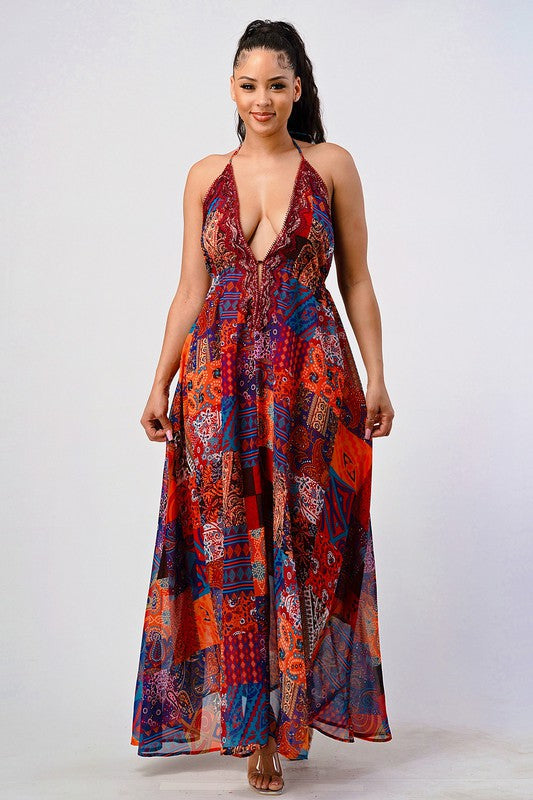 Bohemian print sequin lace trim maxi dress See size chart under “more details” The Fashion Celestial
