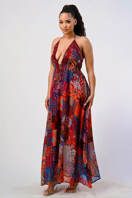 Bohemian print sequin lace trim maxi dress See size chart under “more details” The Fashion Celestial
