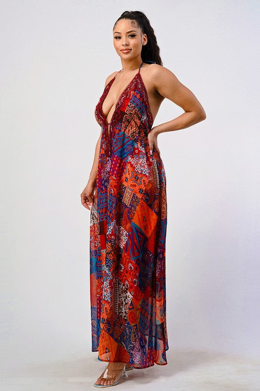 Bohemian print sequin lace trim maxi dress See size chart under “more details” The Fashion Celestial