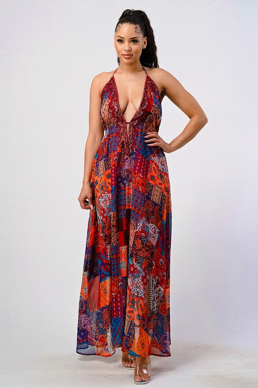 Bohemian print sequin lace trim maxi dress See size chart under “more details” The Fashion Celestial