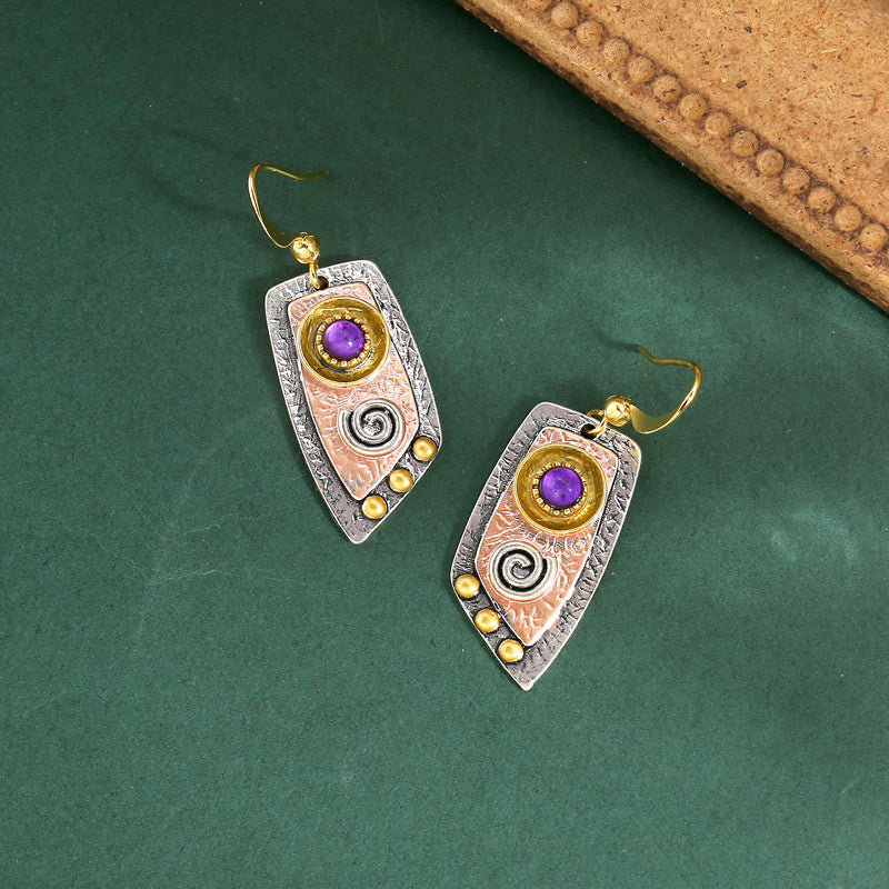 Women's Vintage Bohemian Drop Earrings - 14K Gold Plated Zinc Alloy with Synthetic Gems, Simple Irregular Shape Metal Engraved Pattern Dangle Jewelry | Elegant Gift for Women | Lightweight and Durable NovaCart