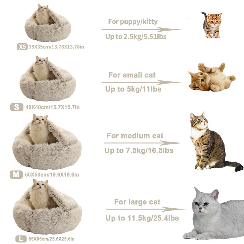 2 in 1 Round Warm Pet Bed House Polyester Cat Bed, Long Plush, Winter, with Sleeping Bag Sofa Cushion for Cat NovaCart