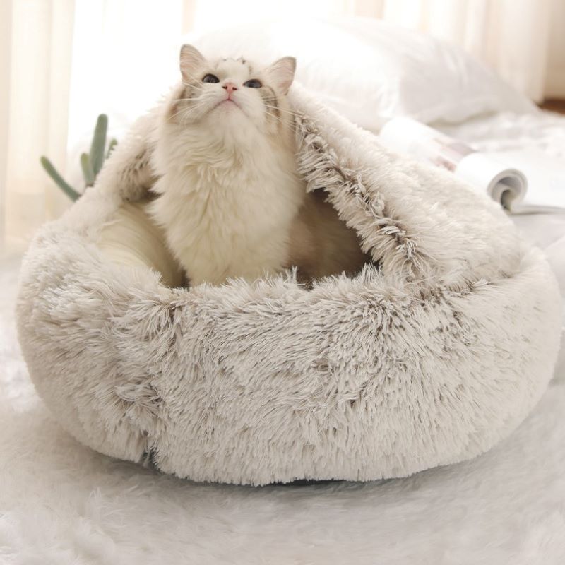 2 in 1 Round Warm Pet Bed House Polyester Cat Bed, Long Plush, Winter, with Sleeping Bag Sofa Cushion for Cat NovaCart