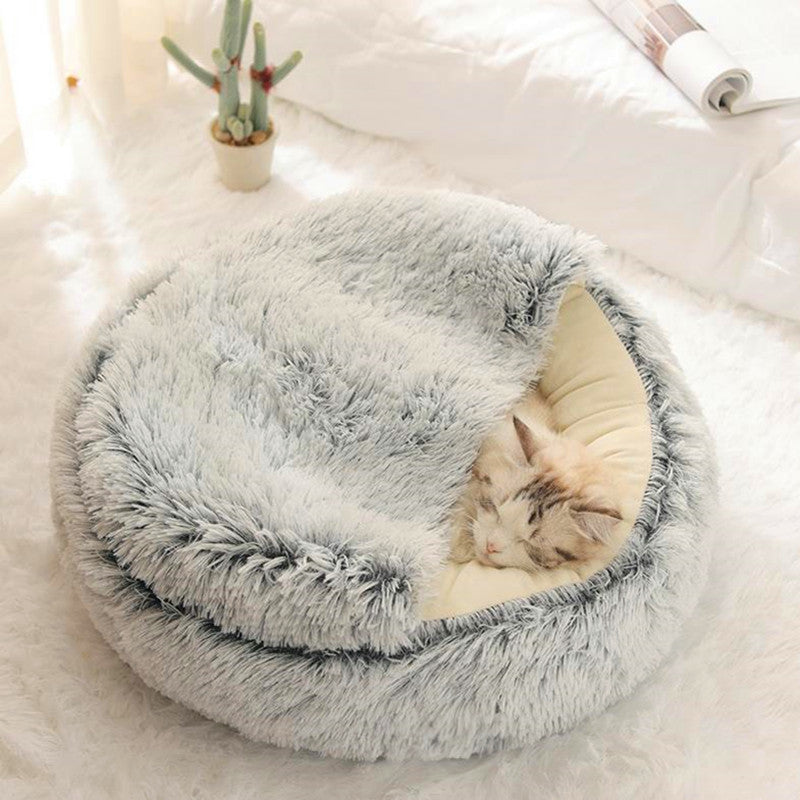 2 in 1 Round Warm Pet Bed House Polyester Cat Bed, Long Plush, Winter, with Sleeping Bag Sofa Cushion for Cat NovaCart
