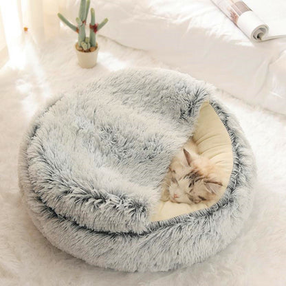 2 in 1 Round Warm Pet Bed House Polyester Cat Bed, Long Plush, Winter, with Sleeping Bag Sofa Cushion for Cat NovaCart