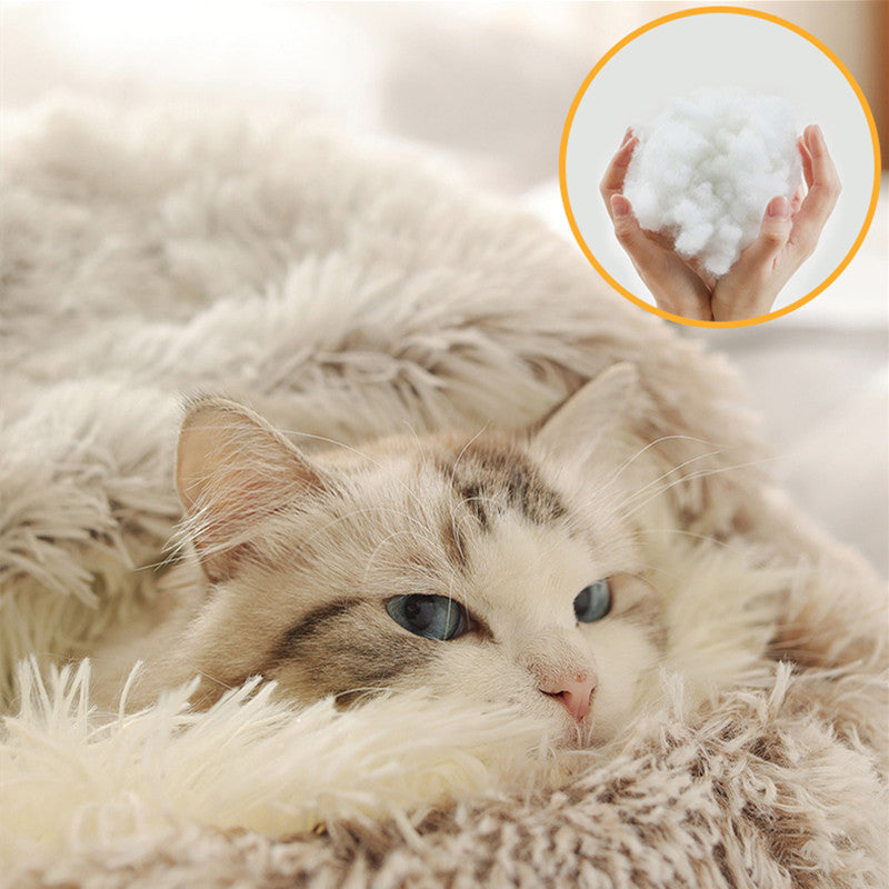 2 in 1 Round Warm Pet Bed House Polyester Cat Bed, Long Plush, Winter, with Sleeping Bag Sofa Cushion for Cat NovaCart
