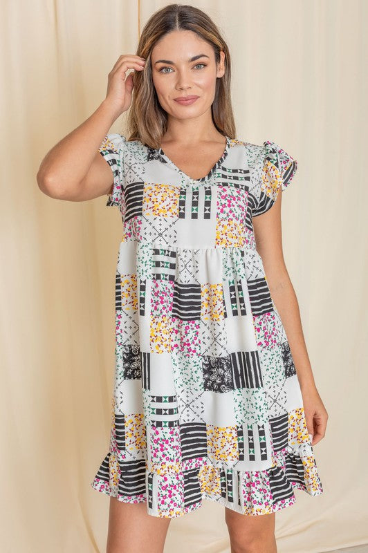Mix Print Flutter Sleeve Mini Dress See size chart under “more details” The Fashion Celestial
