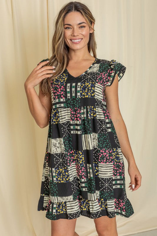 Mix Print Flutter Sleeve Mini Dress See size chart under “more details” The Fashion Celestial