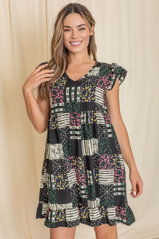 Mix Print Flutter Sleeve Mini Dress See size chart under “more details” The Fashion Celestial