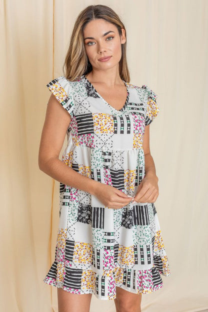 Mix Print Flutter Sleeve Mini Dress See size chart under “more details” The Fashion Celestial