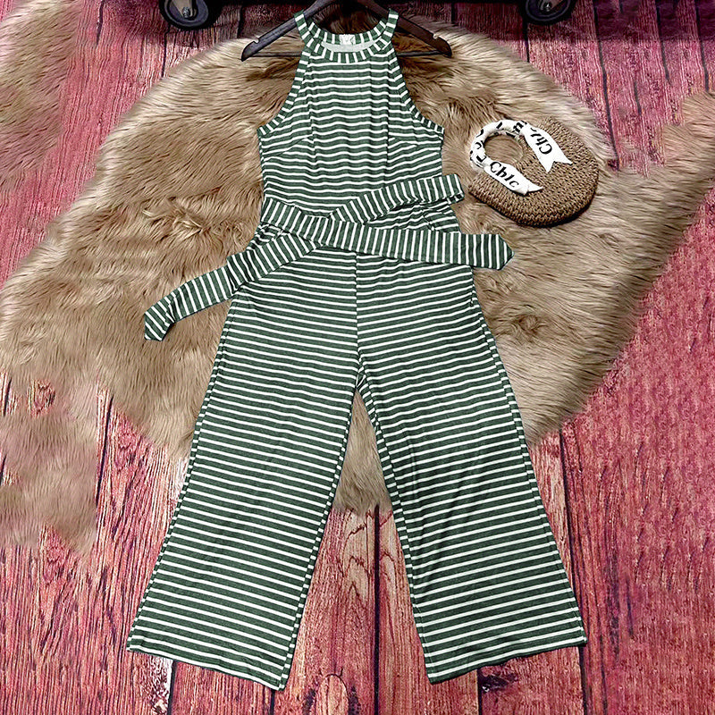 Casual Striped Jumpsuits Summer Cap Sleeve Wide Leg Jumper FitiqueFit