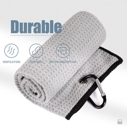 Tri-Fold Golf Towel | 16" X 24" | Premium Microfiber Fabric | Waffle Pattern | with Heavy Duty Carabiner Clip | for Men and Women (Gray)