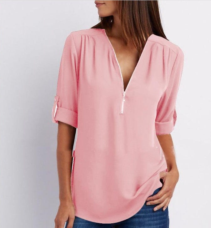 Women's Short-Sleeve Zip V-Neck Loose Top FitiqueFit