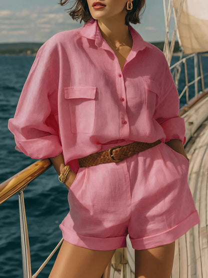 Cotton-Linen Loose-Fit Button-Down Shirt and Shorts Casual Set FitiqueFit