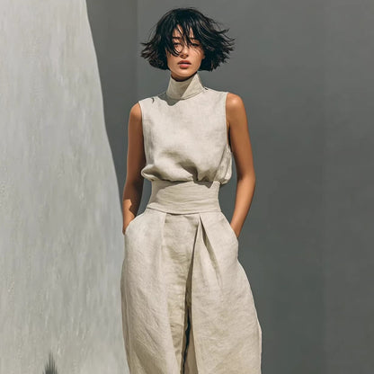 Women’s Cotton Linen Two-Piece Set – Sleeveless Top & Wide-Leg Pants FitiqueFit