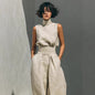 Women’s Cotton Linen Two-Piece Set – Sleeveless Top & Wide-Leg Pants FitiqueFit
