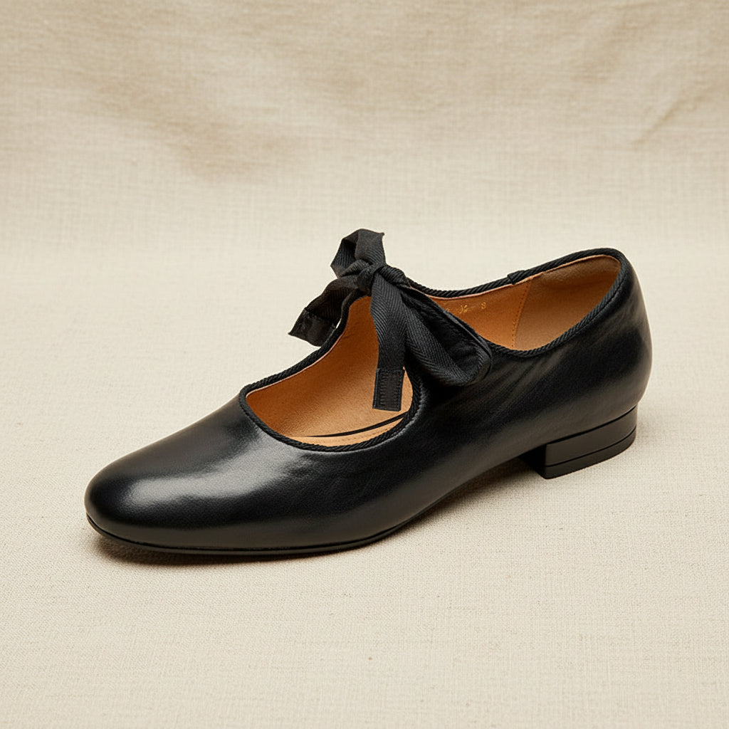 Women's French Vintage Genuine Leather Round Toe Chunky Heel Shoes FitiqueFit
