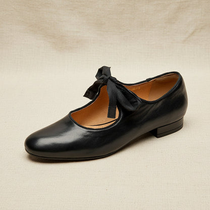 Women's French Vintage Genuine Leather Round Toe Chunky Heel Shoes FitiqueFit