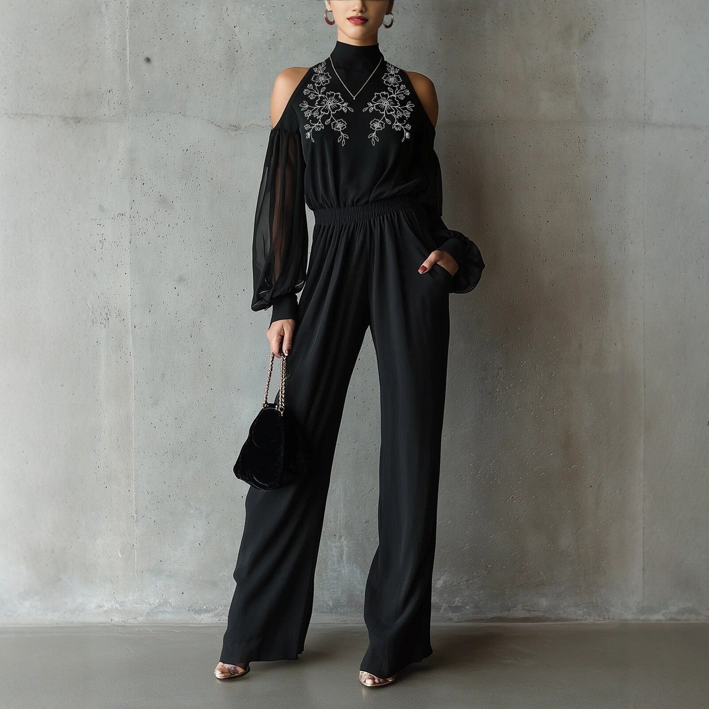 Black Embroidered Women’s Long-Sleeve Wide-Leg Jumpsuit FitiqueFit