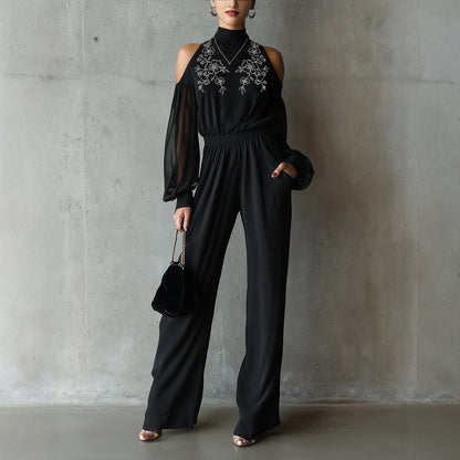 Black Embroidered Women’s Long-Sleeve Wide-Leg Jumpsuit FitiqueFit