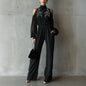Black Embroidered Women’s Long-Sleeve Wide-Leg Jumpsuit FitiqueFit