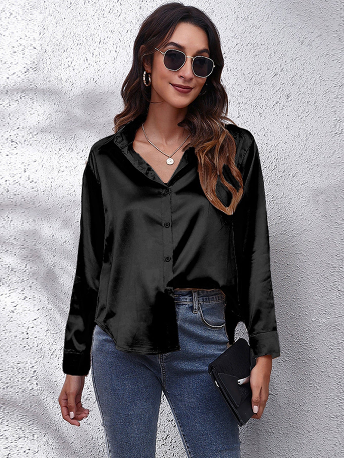 Hot Style In-Kind Shooting Satin Shirt Women'S Satin Imitation Long-Sleeved Shirt New European And American Cross-Border Women'S Clothing NovaCart