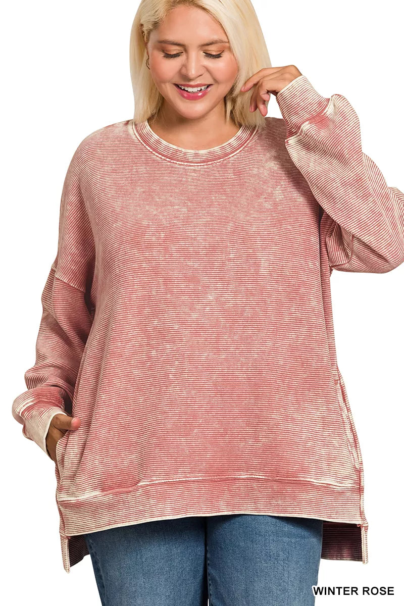 Zenana Full Size Acid Washed Double Ribbed Hi-low Sweatshirt Plus Size West2East Surf