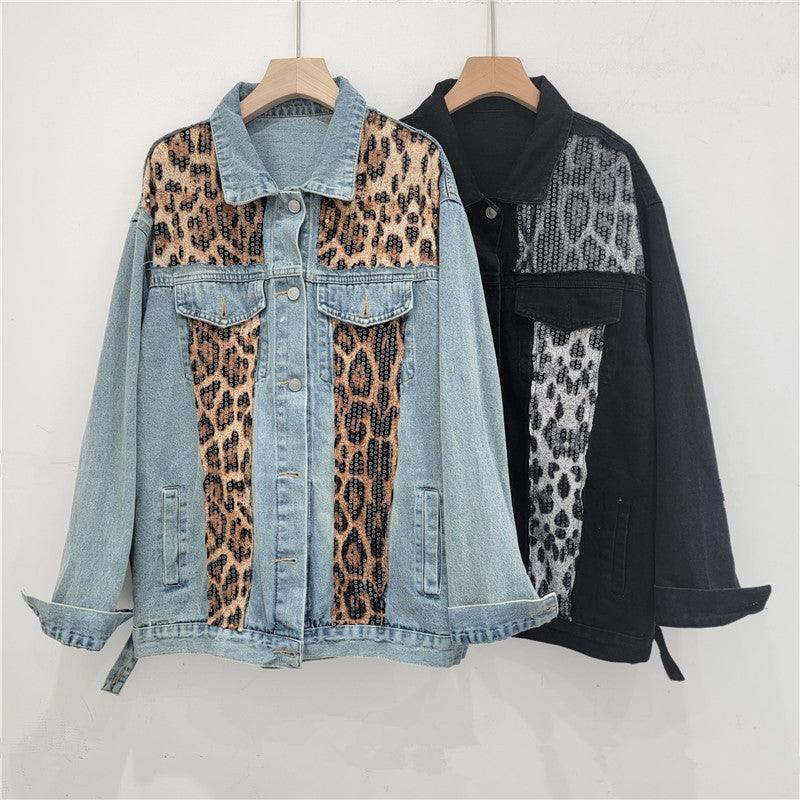 Wild Leopard Denim Jacket Top – Stylish Cowgirl Fashion with Leopard Print and Sequins Country in My Heart