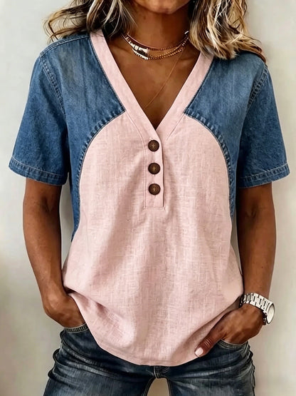 Women's Loose Denim Patchwork Color-Block T-Shirt FitiqueFit