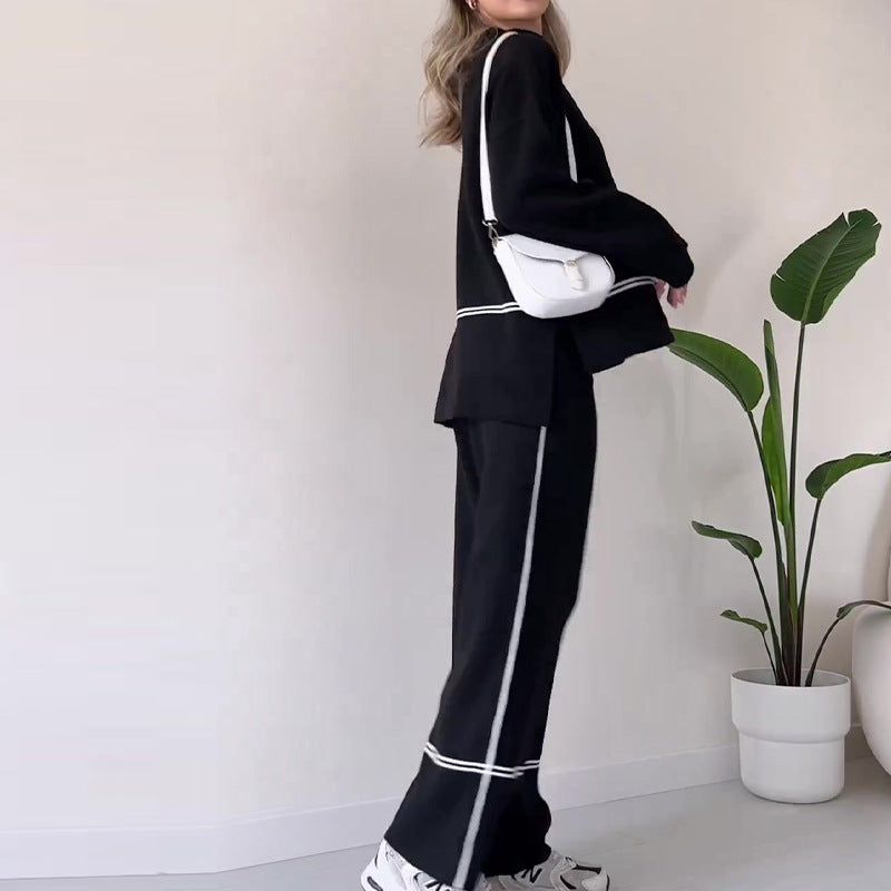 Women’s Solid Color Casual Two-Piece Set – Loose Top & Bootcut Pants Suit FitiqueFit