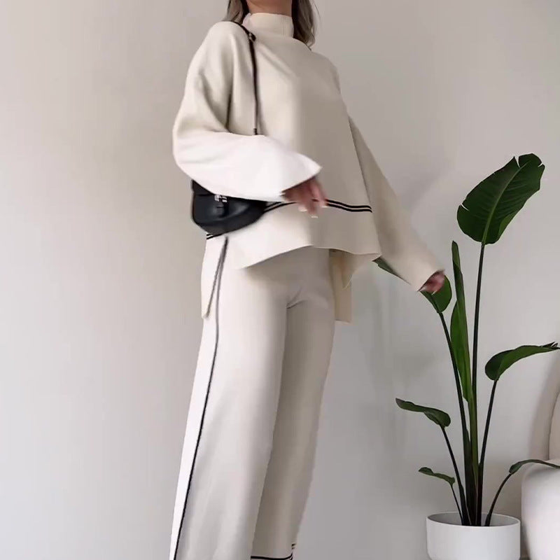 Women’s Solid Color Casual Two-Piece Set – Loose Top & Bootcut Pants Suit FitiqueFit