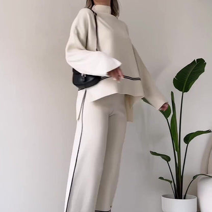 Women’s Solid Color Casual Two-Piece Set – Loose Top & Bootcut Pants Suit FitiqueFit