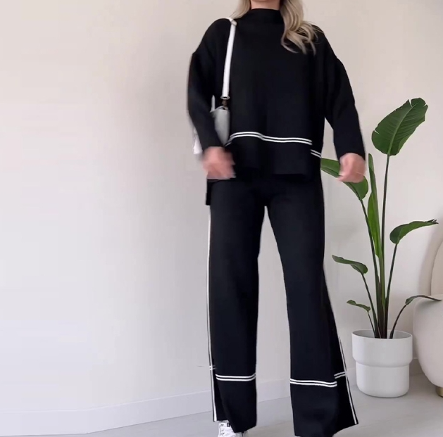 Women’s Solid Color Casual Two-Piece Set – Loose Top & Bootcut Pants Suit FitiqueFit