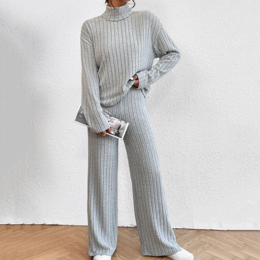 Leisure Turtleneck Knitting Long-sleeve Sweater Loose Trousers Two-piece Set Grayceful LLC