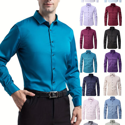 Men'S Stretch Slim-Fit Formal Shirt Without Pockets, Light Business Turn- Collar Long-Sleeved Shirt, Men'S Business Shirt, Wrinkle-Resistant And Durable Solid Color Formal Long-Sleeved Shirt with Buttons And Pockets, Suitable NovaCart