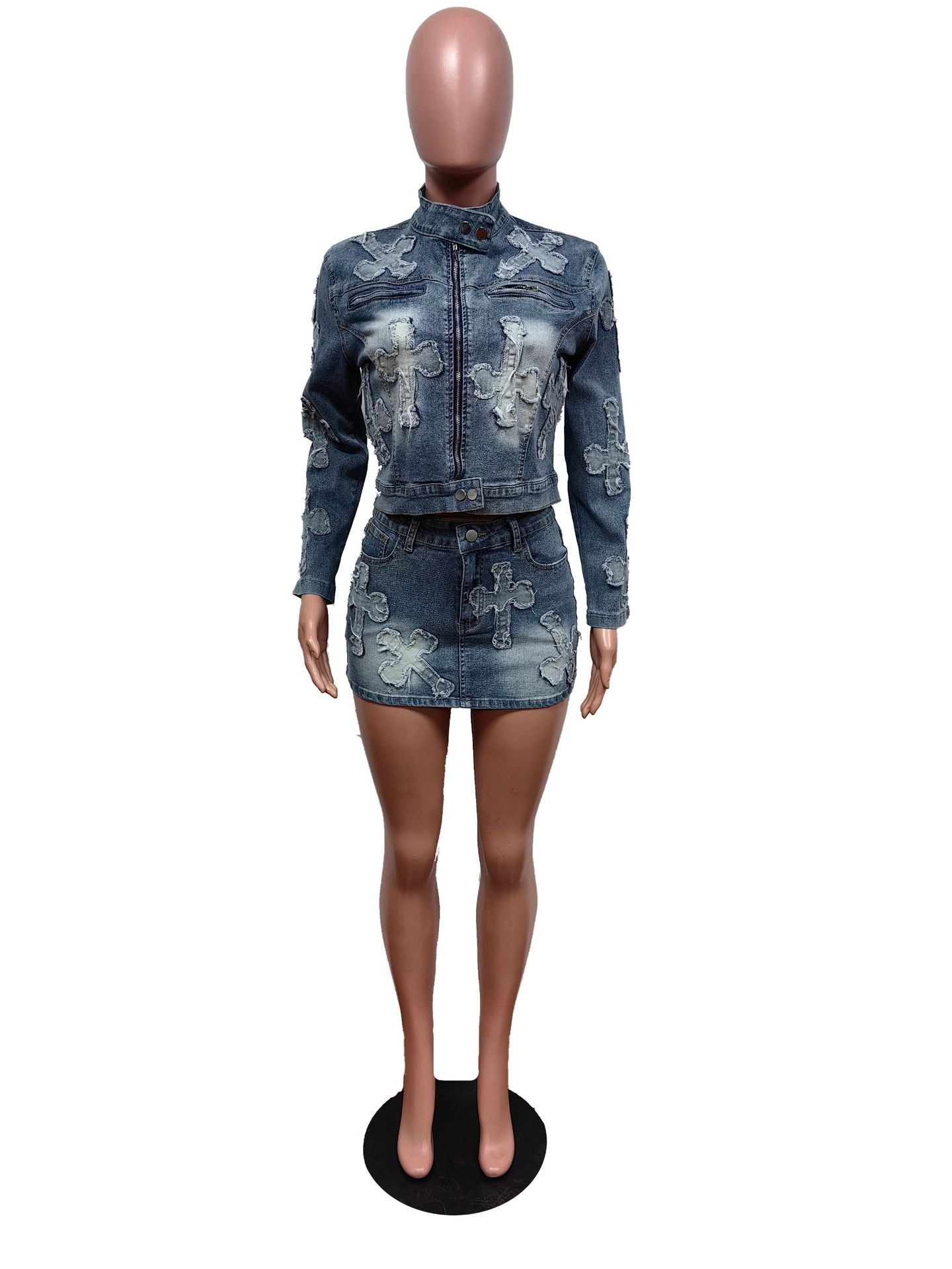Denim Embroidered Short Skirt Jacket Suits Suit See size chart under “more details” The Fashion Celestial
