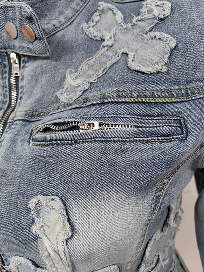 Denim Embroidered Short Skirt Jacket Suits Suit See size chart under “more details” The Fashion Celestial