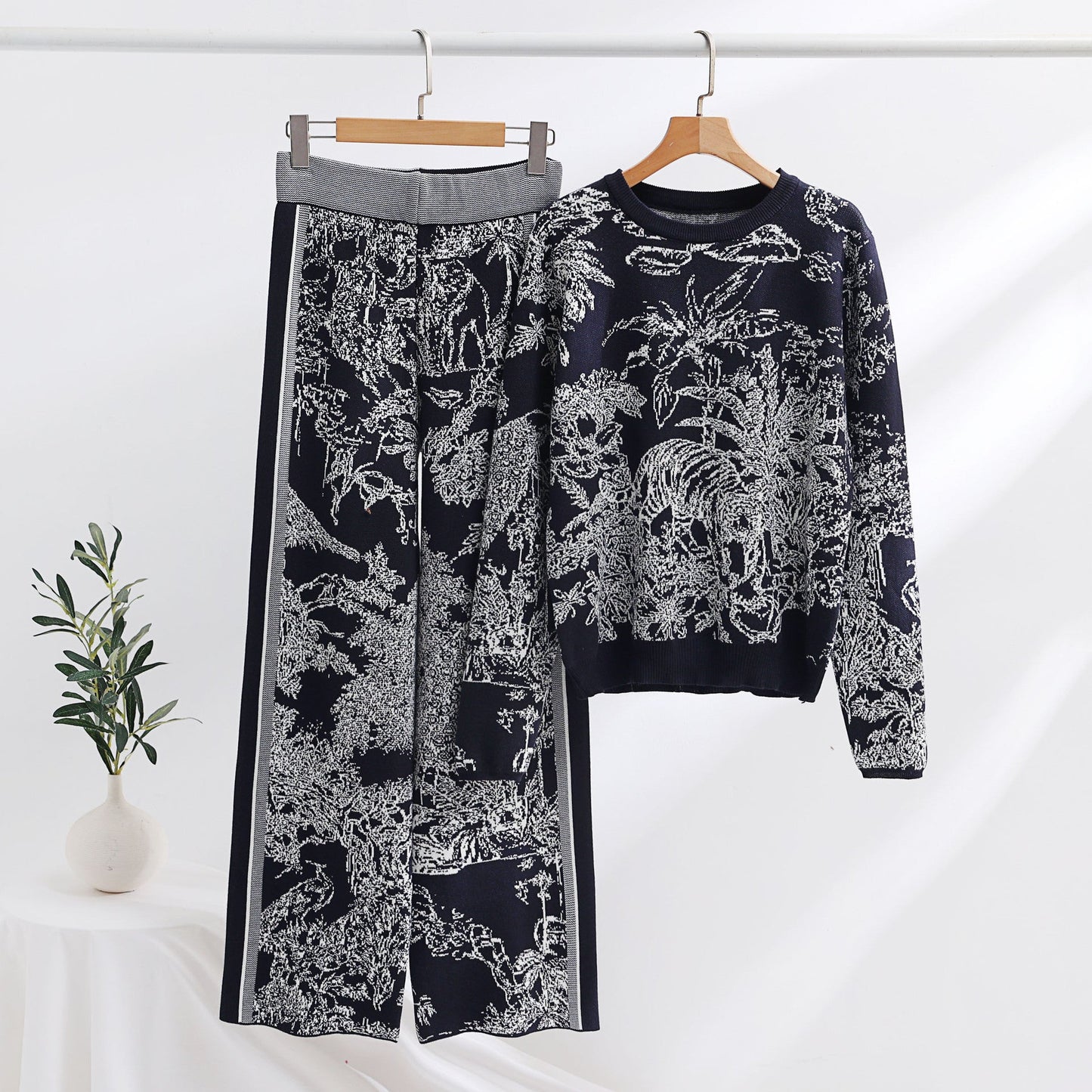 Knitting Patterns Two-piece Set Pullover Long Sleeve Sweater High Waist Wide Leg Top Suit Grayceful LLC