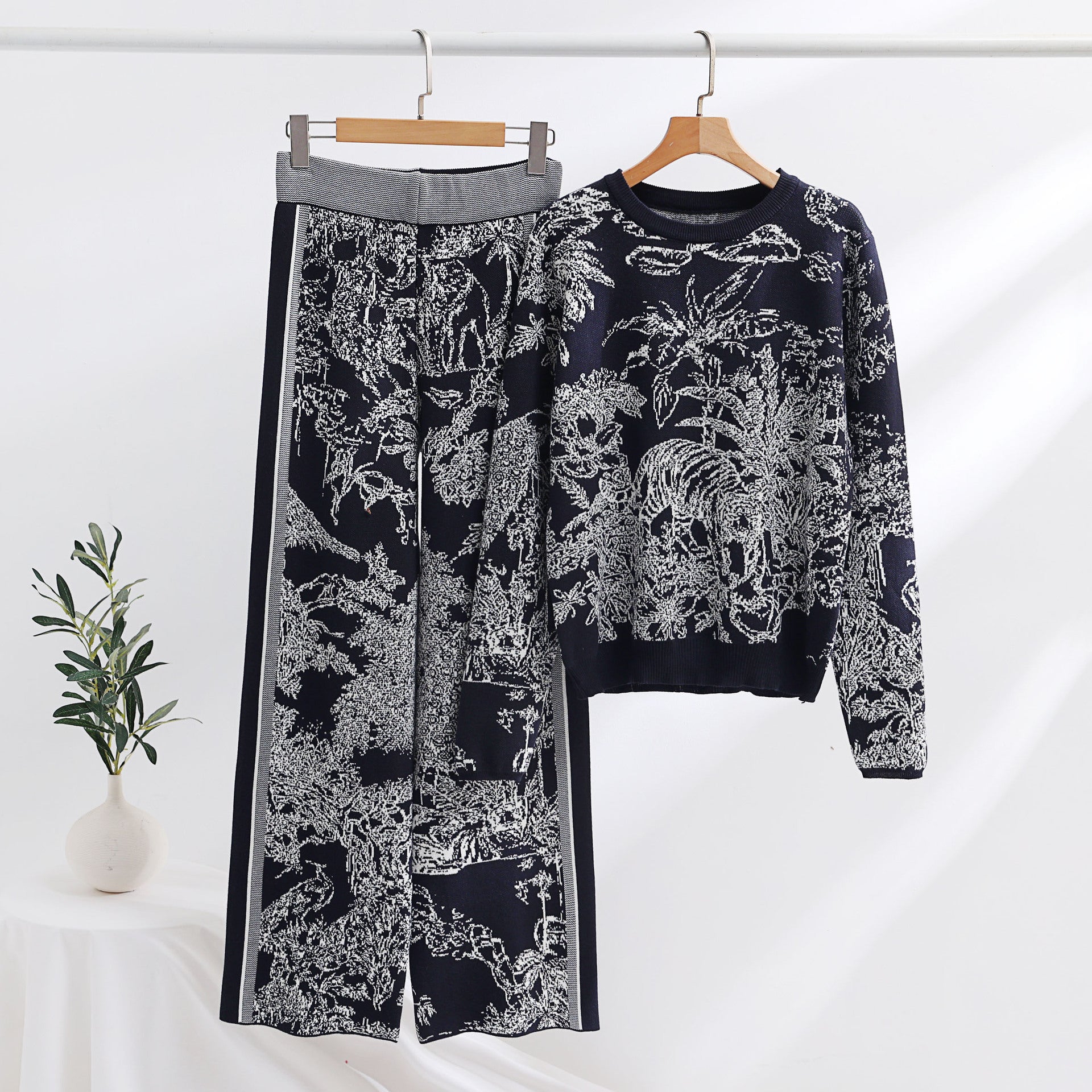 Knitting Patterns Two-piece Set Pullover Long Sleeve Sweater High Waist Wide Leg Top Suit Grayceful LLC